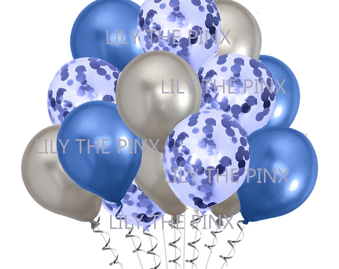 15 blue & silver party balloons 5 metallic blue 5 blue metallic confetti and 5 metallic silver balloons wedding anniversary, birthday