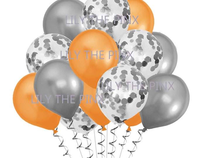 15 pack of party balloons 5 metallic silver, 5 silver metallic confetti and 5 metallic orange balloons wedding anniversary, birthday party