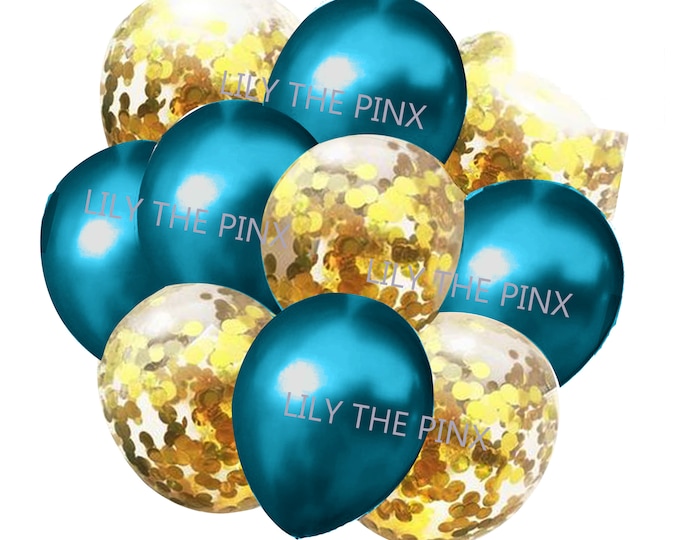 10 pack TEAL and GOLD balloons 5 metallic teal and 5 gold confetti filled balloons blue green childrens birthday party christmas anniversary
