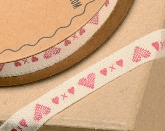 Vintage BURGUNDY heart on IVORY natural  ribbon 10mm wide and 10M long delicate design great for crafting projects