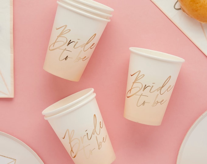 Chic gold and white & pink bridal shower party cups 8 in a pack. Sophisticated with a delicate hombre finish and gold foiling