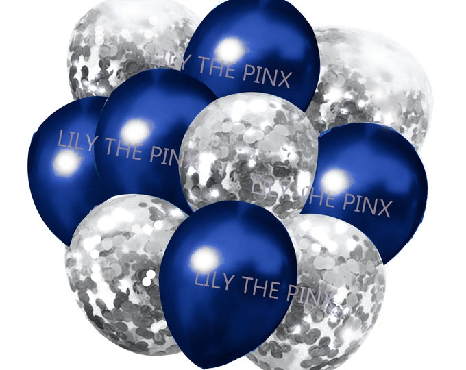 Free Postage! 10 pack NAVY BLUE & SILVER balloons 5 metallic navy and 5 silver confetti filled balloons birthday party christmas anniversary