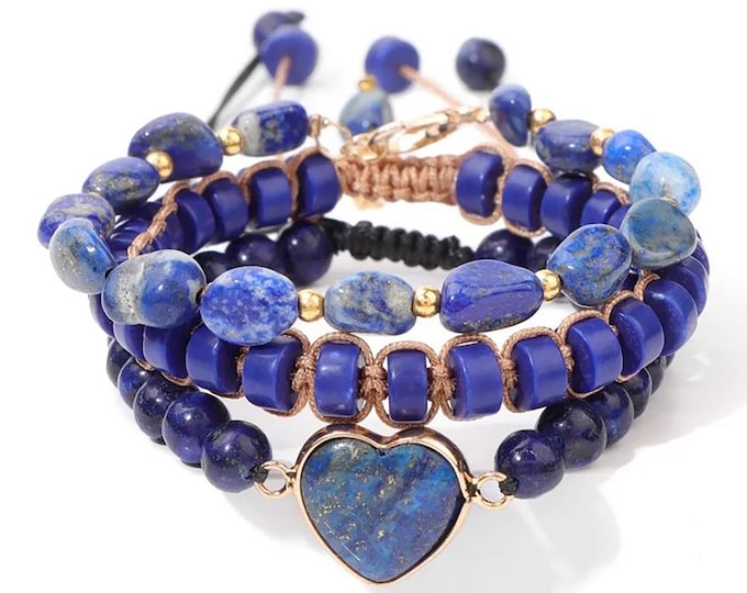 Natural LAPIS LAZULI BLUE Heart Hand Beaded Bracelets Aquarius Birthstone, adjustable 3 in 1-layer bracelet Christmas birthday gift, Libra
