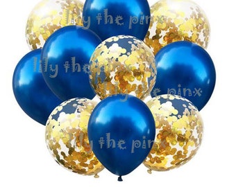 10 pack BLUE and GOLD balloons. 5 metallic deep blue and 5 gold confetti filled balloons childrens birthday party, christmas