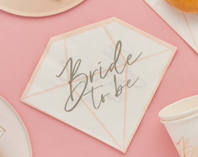 Chic gold and white & pink bridal shower diamond party napkins 16 in a pack. Sophisticated with delicate lettering and pink detailling