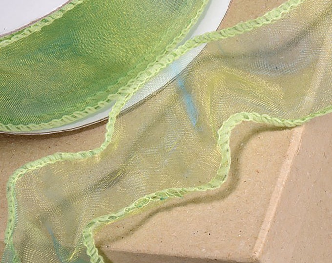 Two-Tone Green Wired Edge Organza Ribbon - 50mm x 25m - EXTRA WIDE fabulous to twist and make into spectacular bows or for dressmaking