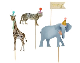 HOORAY Gorgeous JUNGLE ANIMAL party animals cake toppers elephant, giraffe and leopard all in hats with pompomskids birthday party