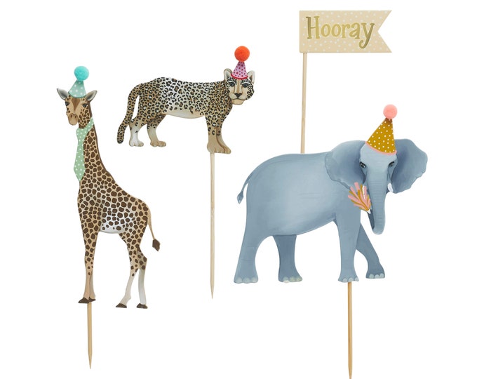 HOORAY Gorgeous JUNGLE ANIMAL party animals cake toppers elephant, giraffe and leopard all in hats with pompomskids birthday party