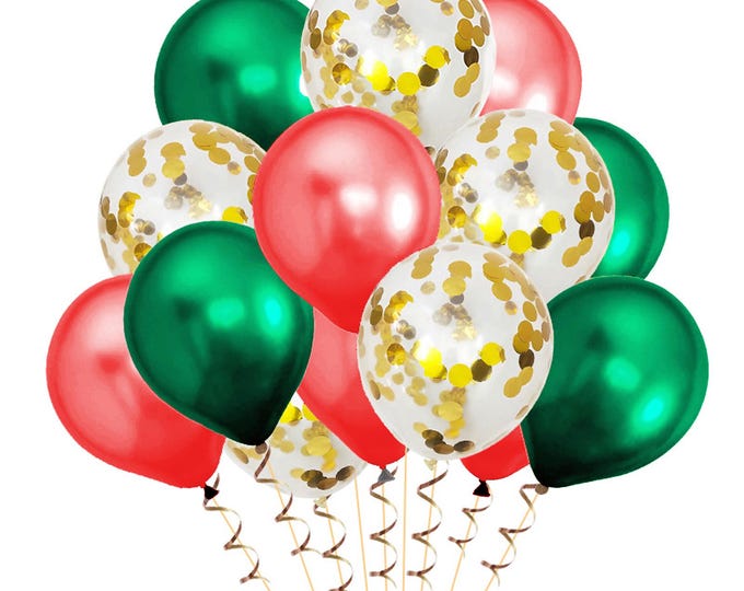 15 pack of party balloons 5 metallic silver, 5 silver metallic confetti and 5 metallic green balloons wedding anniversary, birthday party