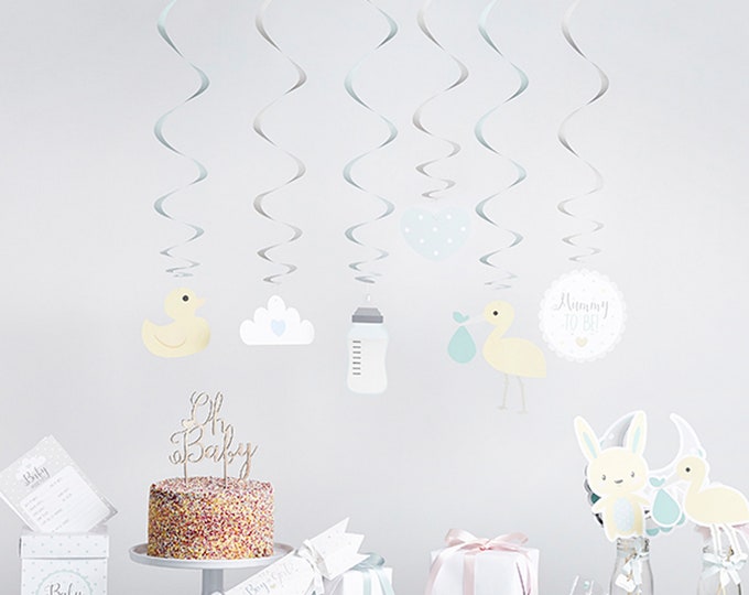 MINT green & yellow MOBILE, 6 SWIRL decorations pretty hanging unisex decoration add style to your baby shower naming party or christening
