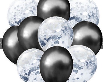 10 pack of black & silver balloons 5 metallic black and 5 silver confetti filled balloons new years party, halloween