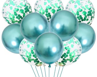 Free Postage! 14 pk, 7 GREEN chrome balloons and 7 clear balloons with GREEN confetti wedding, baby shower, anniversary, birthday party.