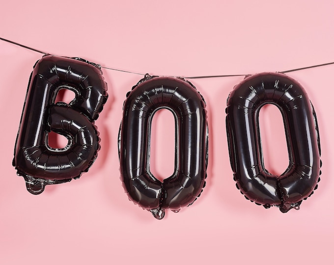LARGE BLACK 'BOO' balloons 1M x 410mm banner made of foil complete with hanging ribbonfabulous spooktacular party decoration