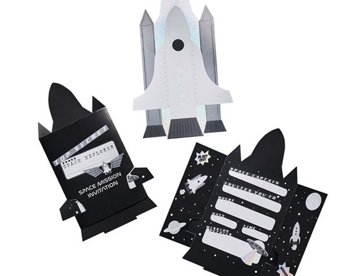 INVITATIONS 10 ALIEN SPACE rocket shaped invitations top quality tri-fold special invites that show your party is the place to be