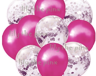 10 pack of fuchsia pink & silver balloons 5 metallic pink and 5 silver confetti filled balloons new years party, halloween