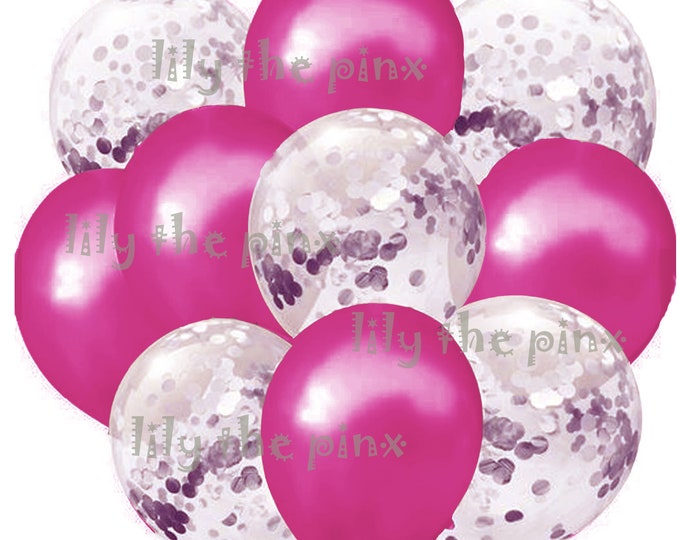 10 pack of fuchsia pink & silver balloons 5 metallic pink and 5 silver confetti filled balloons new years party, halloween