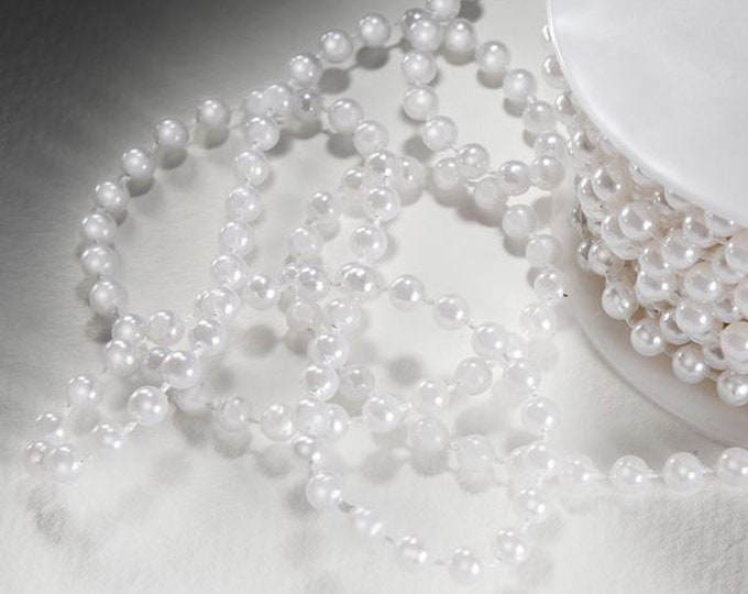 5mm x 25m WHITE PEARL ball BEADS strung on a reel ribbon, wedding hair, christmas, cake decorating Full Reel