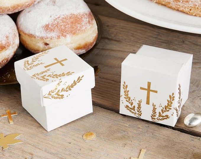 10 HOLY COMMUNION favour boxes white with gold foil detailling and a gold foiled cross 50mm x 50mm x 50mm