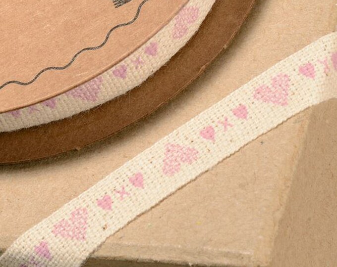 Vintage ROSE PINK heart on IVORY natural  ribbon 10mm wide and 10M long delicate design great for crafting projects