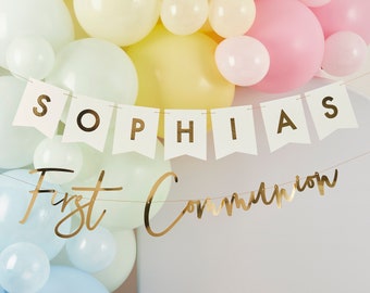 CUSTOMISABLE Metallic Gold FIRST COMMUNION banner made from foiled card 1.2m long party garland conformation. 12 flags and gold letters.