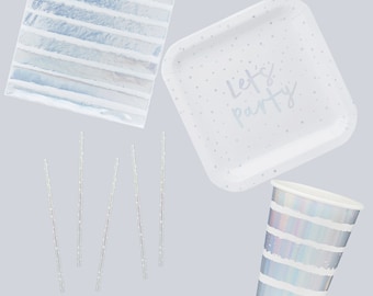 iridescent silver & White PARTY at HOME luxuary TABLEWARE pack contains 10 plates 10 cups 20 straws + 20 napkins