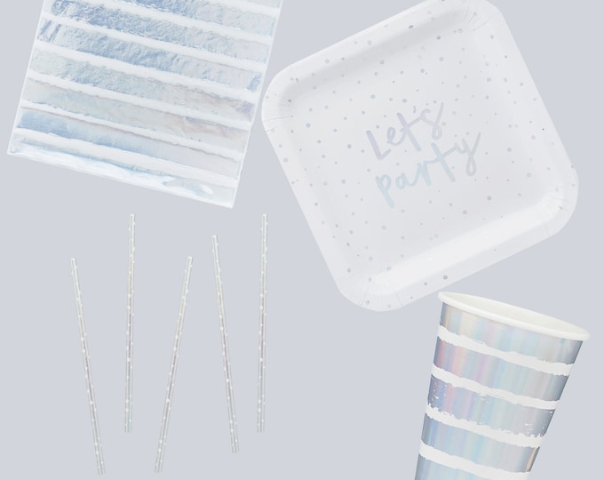 iridescent silver & White PARTY at HOME luxuary TABLEWARE pack contains 10 plates 10 cups 20 straws + 20 napkins