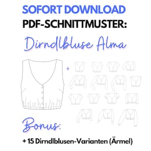 Dirndlblouse sewing pattern ALMA with sleeves | NO ebook | advanced | PDF download A4/A0 | sizes 34-48