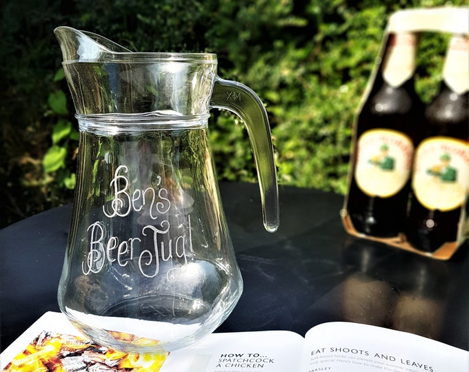 Personalised Glass Beer Pitcher, Hand Engraved Lager Jug, Spritz Gift for Dad
