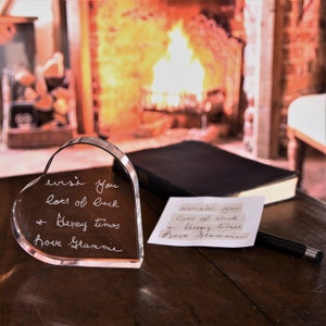 Hand Engraved Glass Heart Ornament: Personalized Handwriting Keepsake
