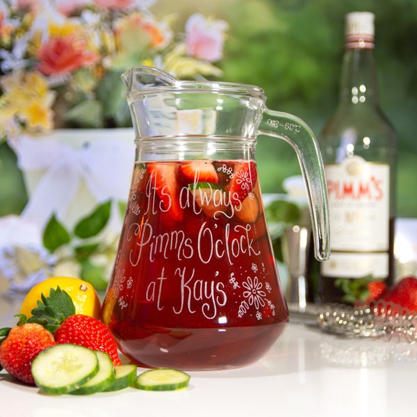 Pimms Jug Personalised Glass, Custom Birthday Gift, Pimms Pitcher, Unique Party Cocktail Jug, Garden Party Jug, Pimms O'Clock Jug Gift