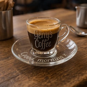 a glass espresso coffee cup and saucer on a wooden table in a coffee shop, hand engraved with the words 'Gerry's Coffee' on the cup and 'Good Morning x' on the saucer. There are people sat drinking coffee in the background