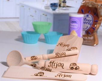 Personalised Mini Childs Baking Set, Motor Car,Custom Cookset Gift Idea, Eid Diwali present for kids, Toy kitchen play wood cooking utensils