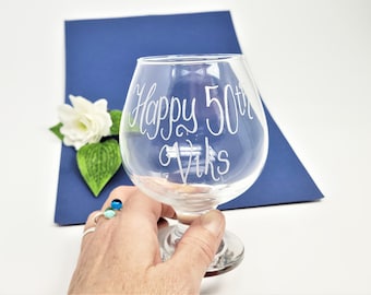 Personalised 50th Birthday Brandy Glass, Custom Engraved Glass, Brandy Snifter, Gift for Nanny, Grandad, Daddy, Mummy, Spirits Glass