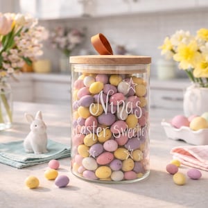 Personalised Glass Sweet Jar: Hand Engraved Easter sweetie pot with Wooden Lid