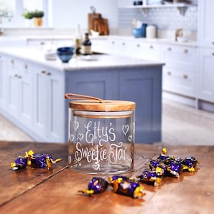 Personalized Glass Sweet Jar: Hand Engraved Gift with Wooden Lid