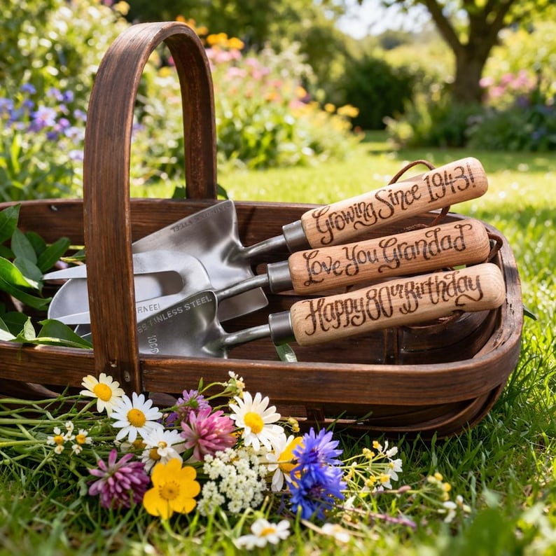 a set of three hand gardening tools with stainless steel heads and wooden handles, a trowel, a fork and a planter. the wooden handles have been pyrographed in a calligraphy font with the messages 'Growing since 1943', 'Love You Grandad' and 'Happy 80th Birthday'. The tools are in a natural trug on a lawn in a sunny garden with wild meadow flowers in the foreground