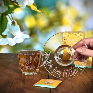 Glass Tea Cup & Saucer hand engraved with any message, suitable for tea, herbal tea, infusions, personalised for Mum, Mummy, Mom