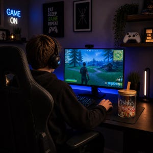 May include: A clear glass jar with a bamboo lid containing colourful sweets, featuring the white script text "Christopher's Gaming Treats!" on the front. The jar sits on a black desk next to a computer monitor displaying a video game.