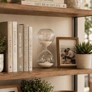 May include: A clear glass hourglass with white sand, inscribed with "Love Forever" and "Happily Ever After." It sits on a wooden shelf with books, a framed photo, and a potted succulent. The shelf also displays the book "Live Beautifully."