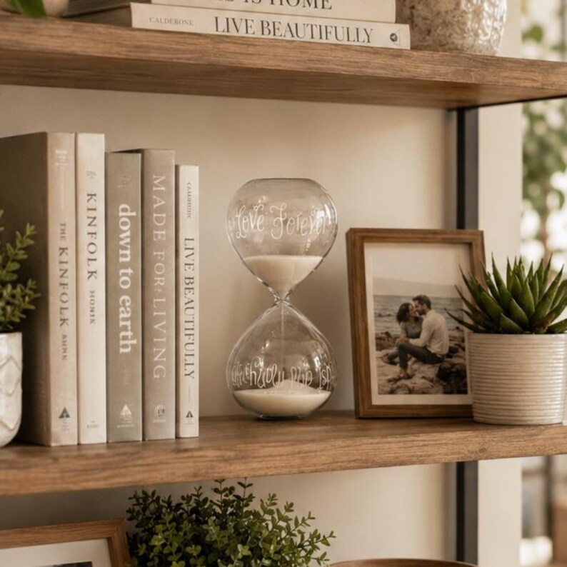 May include: A clear glass hourglass with white sand, inscribed with "Love Forever" and "Happily Ever After." It sits on a wooden shelf with books, a framed photo, and a potted succulent. The shelf also displays the book "Live Beautifully."