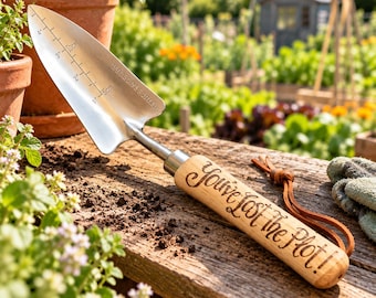 May include: A stainless steel garden trowel with a wooden handle engraved with the text You've lost the Plot!. The metal blade features etched measurement markings in inches and centimeters, and the handle includes a brown leather cord.