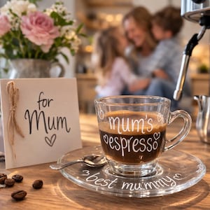 May include: A clear glass espresso cup and saucer set featuring white text that reads mum's espresso on the cup and best mummy on the saucer, accompanied by a small silver spoon and a white card with the text for Mum tied with twine.