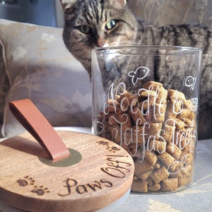 Personalized Cat Treat Jar: Engraved Glass Container with Wooden Lid