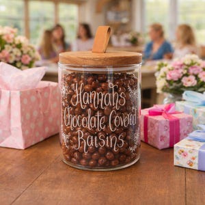 Personalised Glass Sweet Jar: Hand Engraved sweetie pot with Wooden Lid