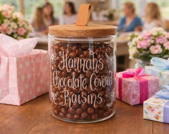 Personalised Glass Sweet Jar: Hand Engraved sweetie pot with Wooden Lid