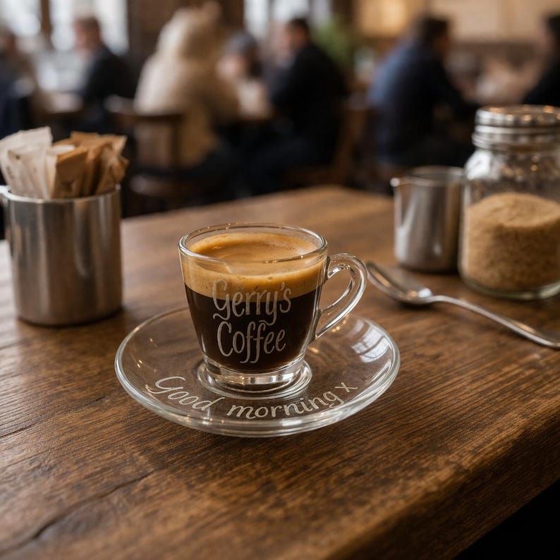 a glass espresso coffee cup and saucer on a wooden table in a coffee shop, hand engraved with the words 'Gerry's Coffee' on the cup and 'Good Morning x' on the saucer. There are people sat drinking coffee in the background