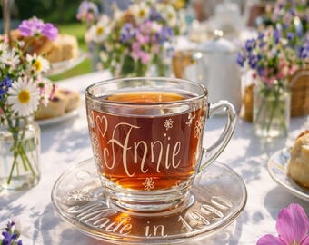 Personalised Glass Tea Cup and Saucer: Hand Engraved Gift with Custom Messages