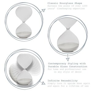 May include: Clear glass hourglass with white sand. The image includes text that reads: "Classic Hourglass Shape", "Contemporary Styling with Durable Glass Construction", and "Infinite Reusability".