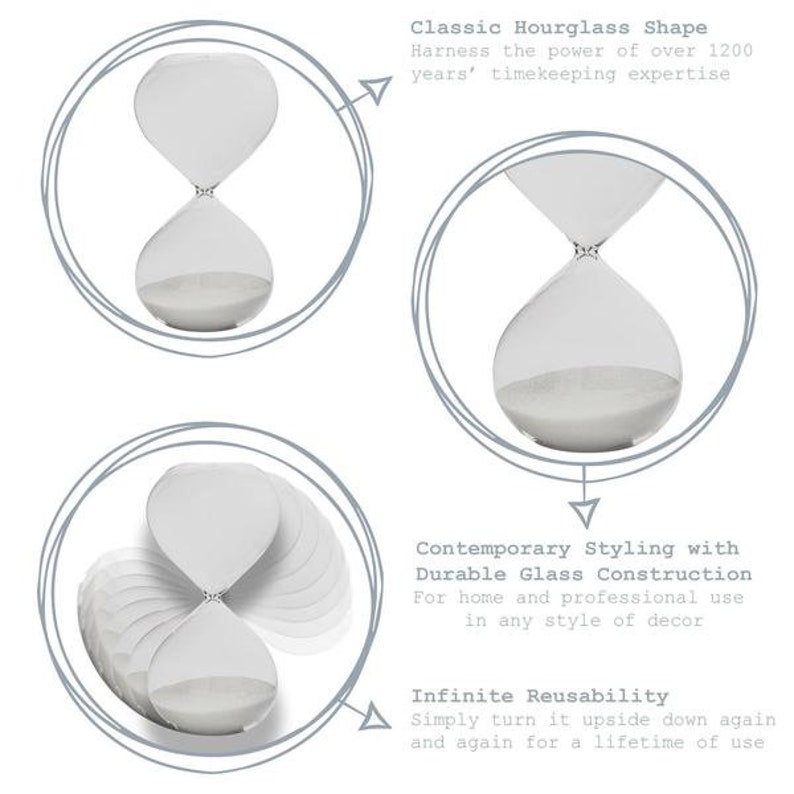 May include: Clear glass hourglass with white sand. The image includes text that reads: "Classic Hourglass Shape", "Contemporary Styling with Durable Glass Construction", and "Infinite Reusability".