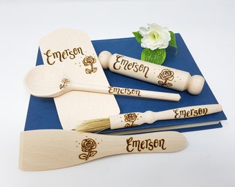 Personalised Childrens Baking Set, Custom Gift Idea, Toy for kitchen play time, wooden kids cooking utensil set
